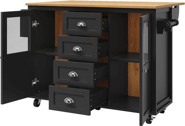 okwish Kücheninsel mit Ausziehfunktion und Rollen in Schwarz, modern mit Stauraum, B/T/H: 120 x 73 x 93 cm - Bild 1