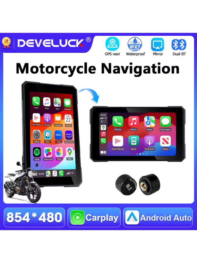 Develuck Tragbarer 5-Zoll Motorrad CarPlay GPS-Navigator mit Android Auto, IPX7 Wasserdichtes Display, Schwarz - Bild 4