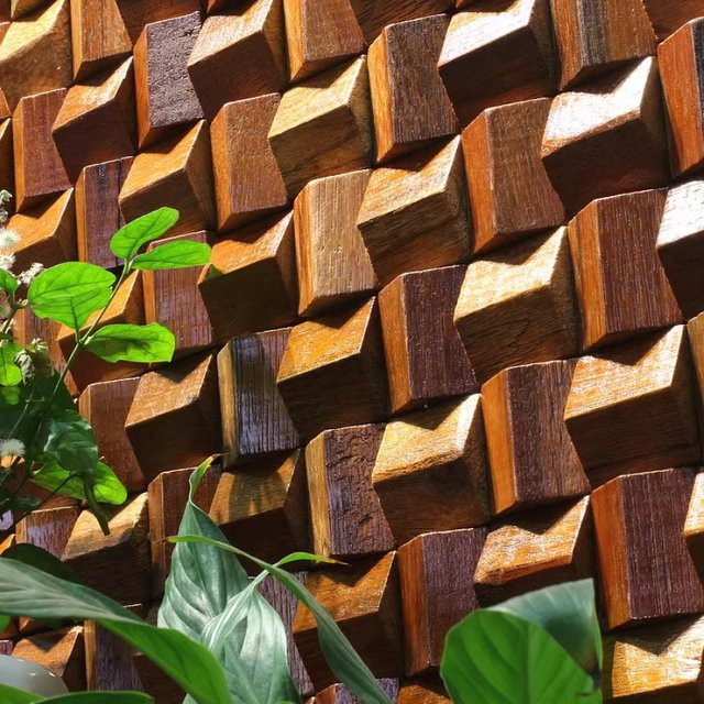 Mosecor Holz Wandverkleidung Akustikplatte als Diffusor Mosaik Fliesen in Braun und Rot mit geometrischem Design - Bild 1