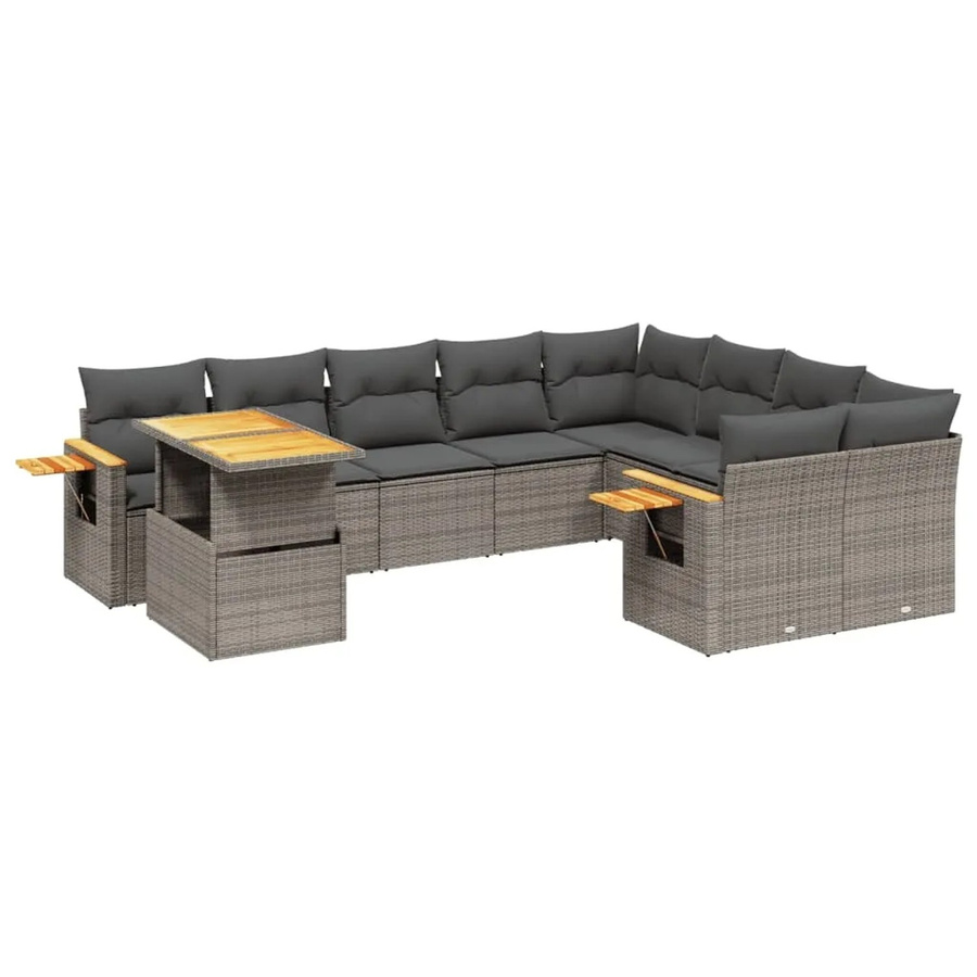 vidaXL 10-tlg. Garten-Sofagarnitur in U-Form aus Polyrattan und Akazienholz mit Kissen, Grau - Bild 2