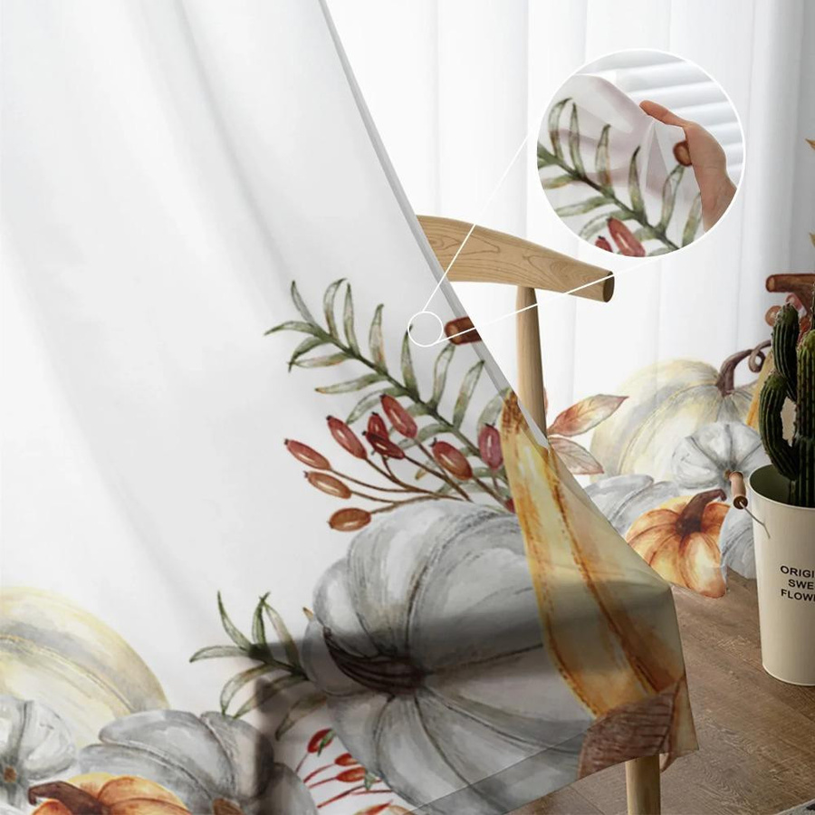 Yiran Furniture Herbst Vorhang mit Kürbis und Ahornblatt Design, Transparenter Tüll-Voile für Wohnzimmer, Schlafzimmer oder Küche, Breite: 135 cm, Höhe: 115 cm - Bild 2