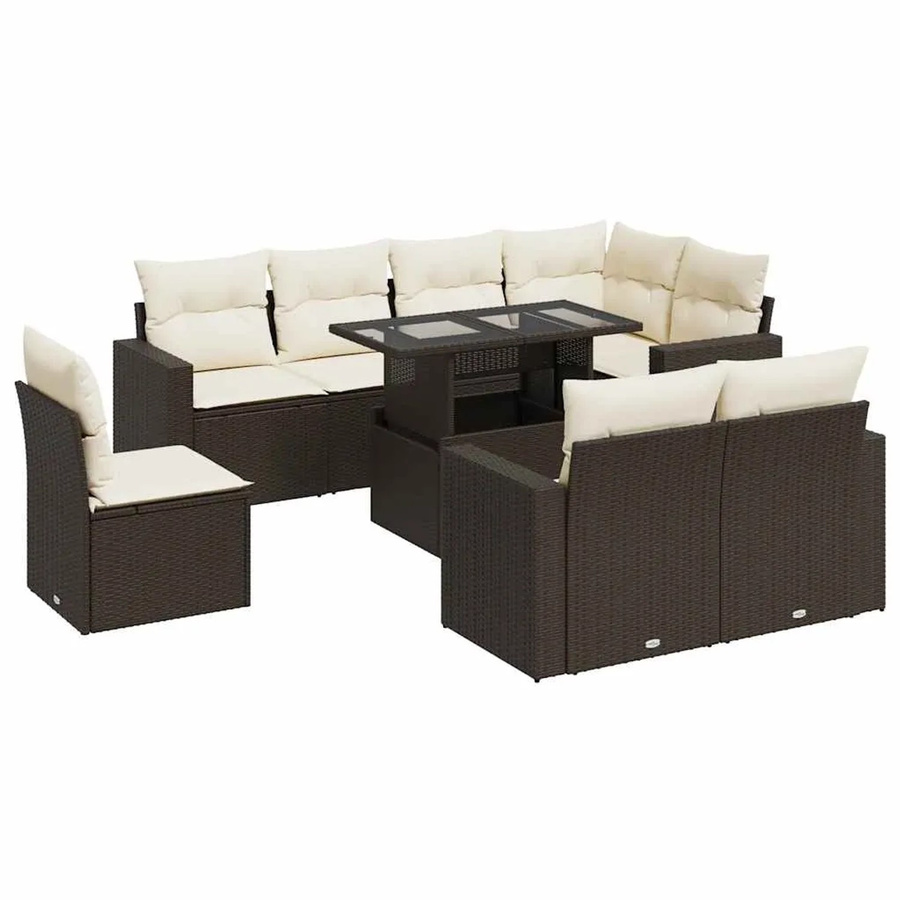 vidaXL 9-teilige Garten-Sofagarnitur in L-Form aus braunem Poly-Rattan mit cremeweißen Kissen - Bild 2