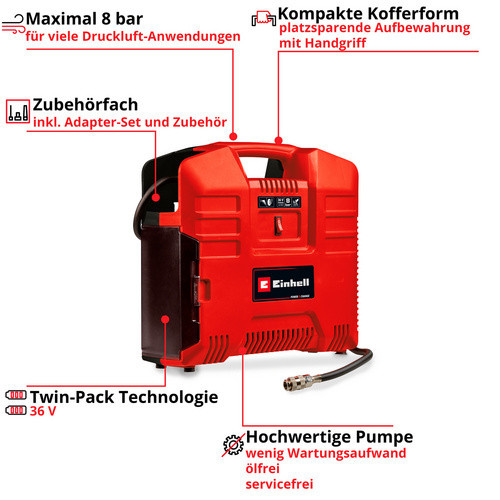 Einhell Akku-Koffer-Kompressor TE-AC 36/8 Li OF Set Solo, 8 bar, 90 l/min, rot - Bild 4
