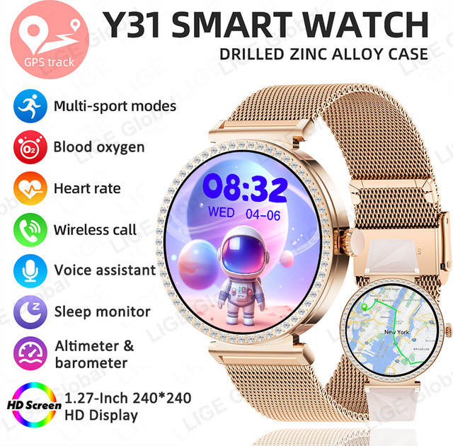 LIGE Smartwatch, Diamant, Edelstahl, Schwarz, Damen - Bild 1