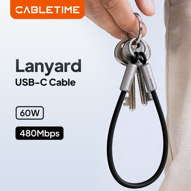 CABLETIME USB-C-Ladekabel mit PD 60W und Schlüsselanhänger, Schwarz - Bild 1