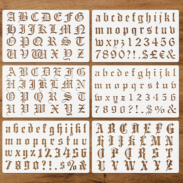 6er-Pack gotische Kalligraphie-Schablonen aus Kunststoff für das alte englische Alphabet und Zahlen zum Basteln und Scrapbooking - Bild 1