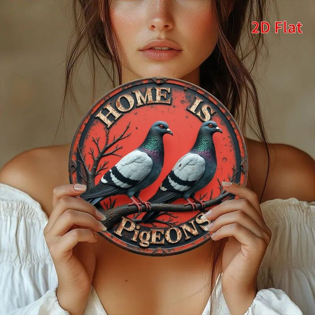 Rundes Metallschild Potdemiel Vintage Design Home is Where the Pigeons Are Wandbehang aus Eisen, Durchmesser: 19,81 cm, Mehrfarbig - Bild 1