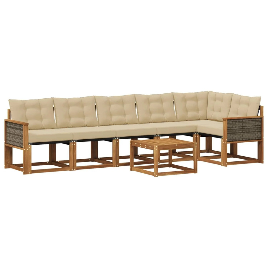 vidaXL Outdoor-Sofagarnitur L-Form aus Akazienholz mit 7 Kissen in Natur und Beige - Bild 2
