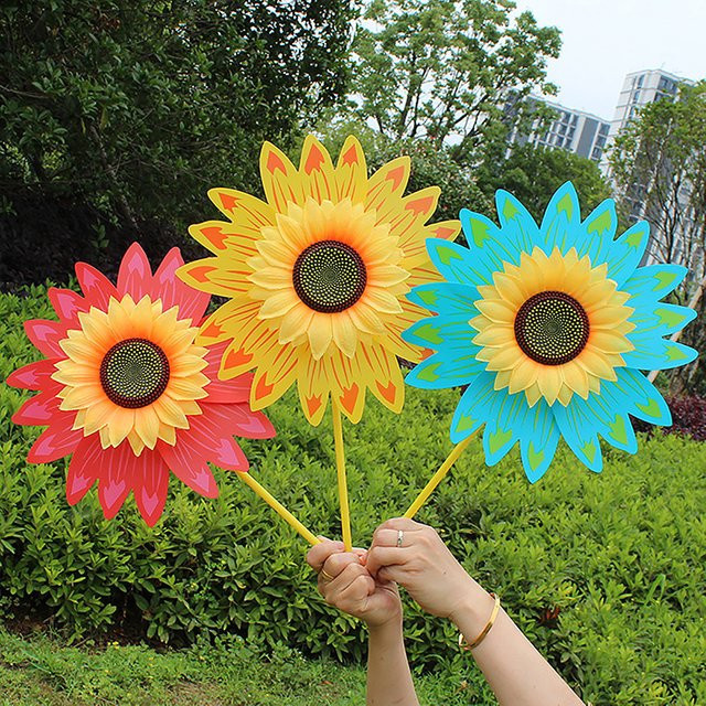 Bunte Sonnenblumen Windmühle als dekorative Windkraftanlage für Garten und Rasen in Gelb, Lila und Multicolour - Bild 1