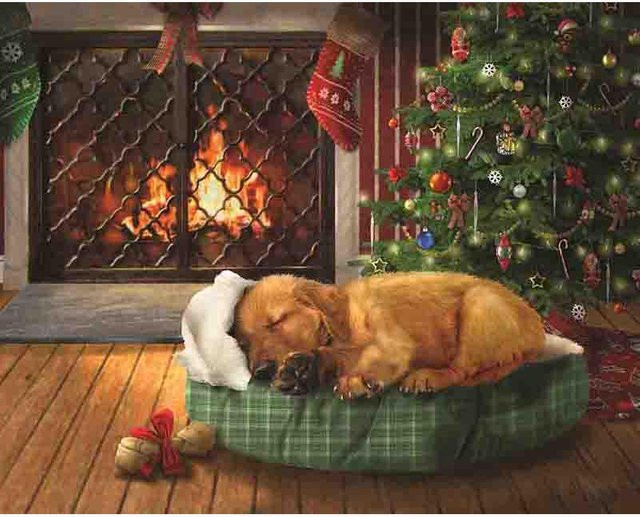 FIYO Diamantstickerei Schlafender Hund als Kreuzstich-Set, runde Harz-Voll-Diamantmalerei in Braun und Multicolour, B/H: 20 x 30 cm - Bild 1