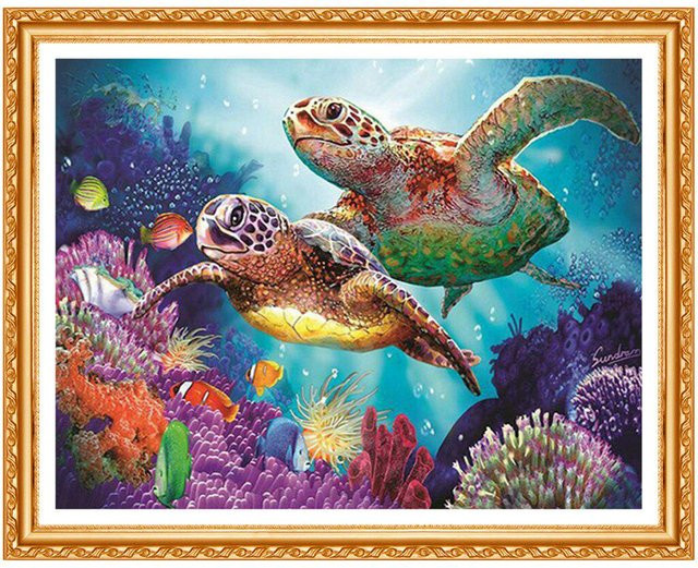 FIYO 5D DIY Diamantgemälde Schildkrötenfamilie mit Vollrundbohrern, Mehrfarbig, B: 30 cm, H: 20 cm - Bild 1