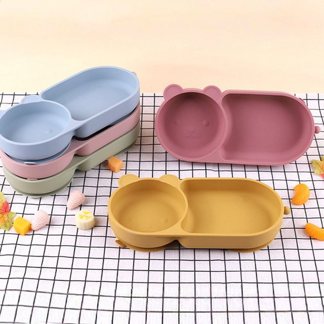 Baby-Silikon-Saugnapf-Schüssel mit Bären-Design in Pink, lebensmittelechtes und BPA-freies Silikon mit Doppelplatten-Design - Bild 1