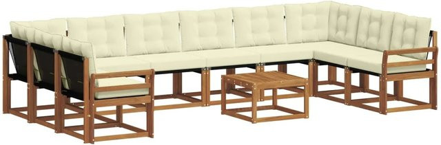 vidaXL Outdoor-Sofagarnitur aus Massivholz in U-Form, 11-teiliges Set mit Textilene und Kissen, Natur und Creme - Bild 1