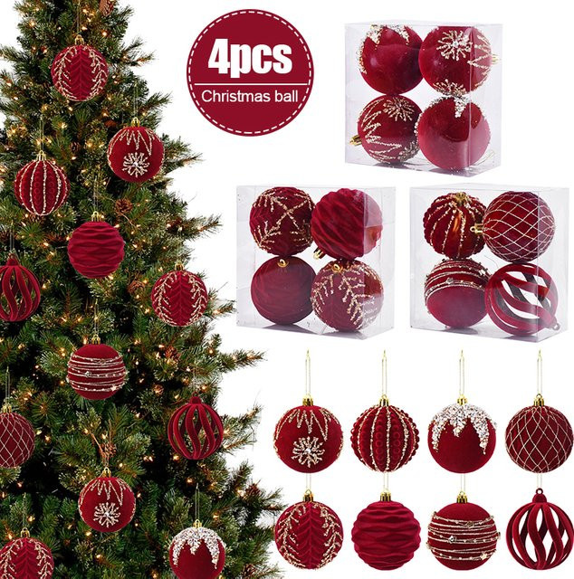 4er-Set ZQNYCY Weihnachtskugeln in Weinrot, runde Weihnachtsbaum-Anhänger mit abstraktem Design, Durchmesser: 8 cm - Bild 1