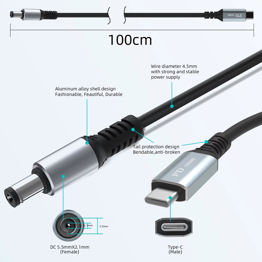 USB C auf DC 5,5 x 2,1 mm Netzladekabel für Laptop, 20 V, bis zu 100 W, Schwarz - Bild 5