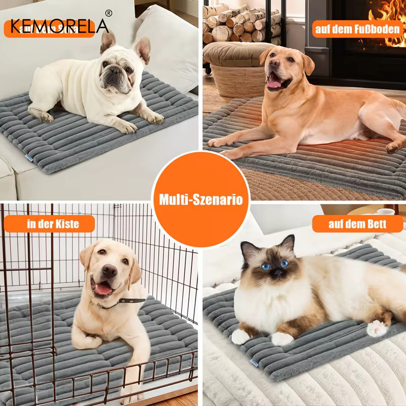 KEMORELA Hundebett aus Plüsch mit Streifenmuster in Grau, rutschfeste Hundematte für kleine und große Hunde - Bild 4