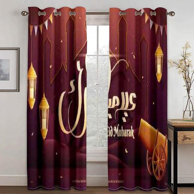 A Family Of Home Textiles Islamische Ramadan Vorhänge für Eid al-Fitr, 2 Panele, semi-transparent, Grafik-Design, Farbe: Lila, Breite: 100 cm, Höhe: 130 cm - Bild 1