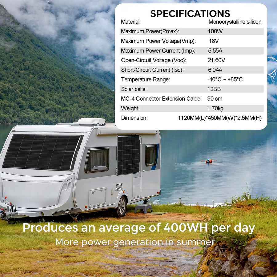 JINGYANGPV 100W 18V Flexibles Solarpanel in Schwarz, hocheffizientes ETFE-Solarpanel für Camping, Wohnmobil und Boot - Bild 4