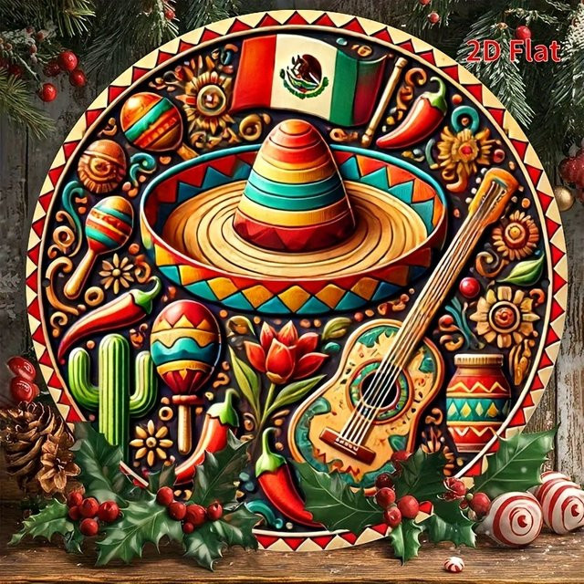 Runde Aluminium-Wandkunst von Potdemiel mit mexikanischem Ethno-Design und Blumenmotiven in Multicolour, Durchmesser: 20 cm - Bild 1
