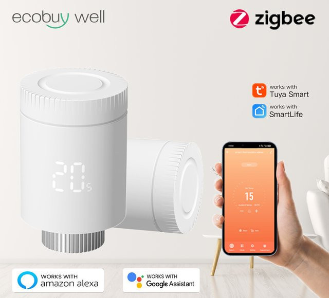 Tuya Zigbee Heizkörper-Thermostatventil mit App-Steuerung und WiFi, Temperaturregler in Weiß - Bild 1