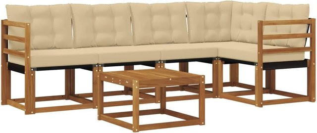 vidaXL Outdoor-Sofagarnitur 6-teilig aus Akazienholz und Textilene in Natur und Beige mit Kissen und Armlehnen - Bild 1