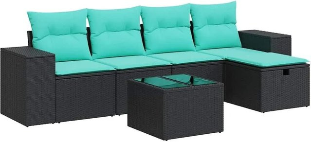vidaXL 6-teilige Garten-Sofagarnitur in L-Form mit Polsterkissen und Ottoman, Schwarz - Bild 1