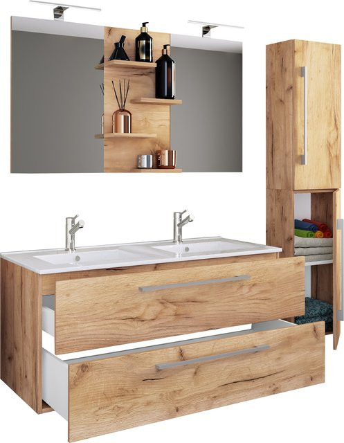 VCM Badmöbel Set Budasi SP 4-tlg. Doppel Waschplatz mit 2x Keramik Waschtisch, Unterschrank, Hochschrank und Spiegel - Bild 1