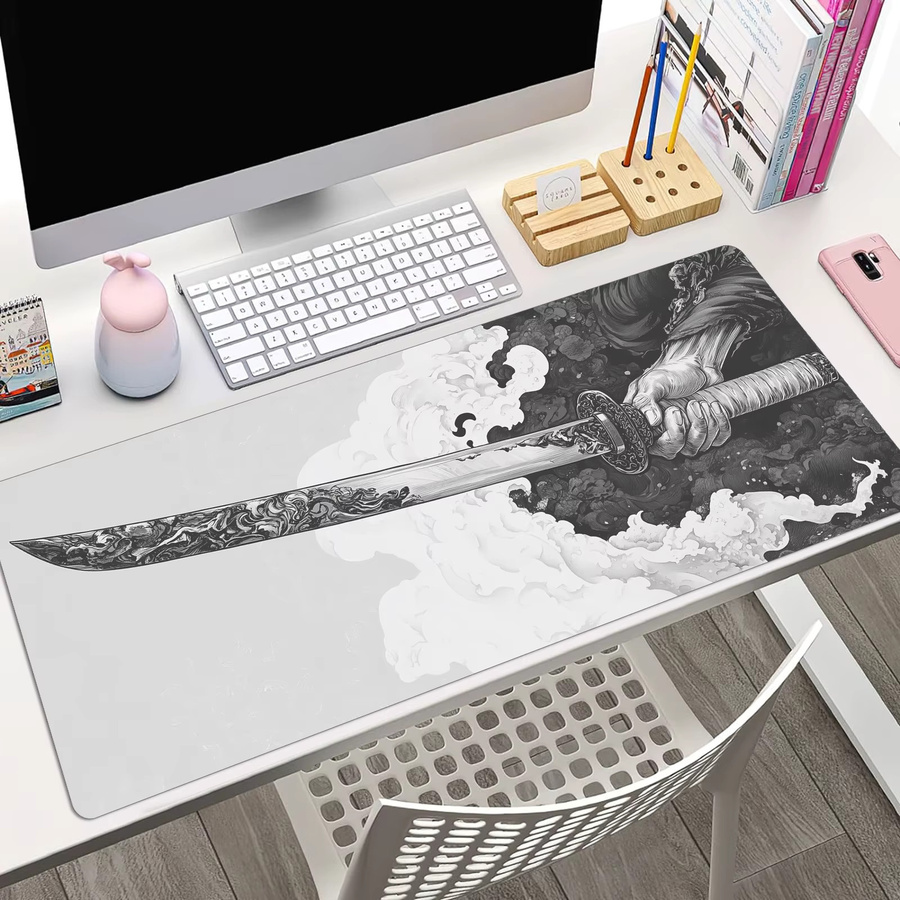 Gaming Mauspad mit Comic-Windschwert-Design in Schwarz-Weiß, rutschfeste Schreibtischunterlage mit Gummibasis und genähten Kanten - Bild 5