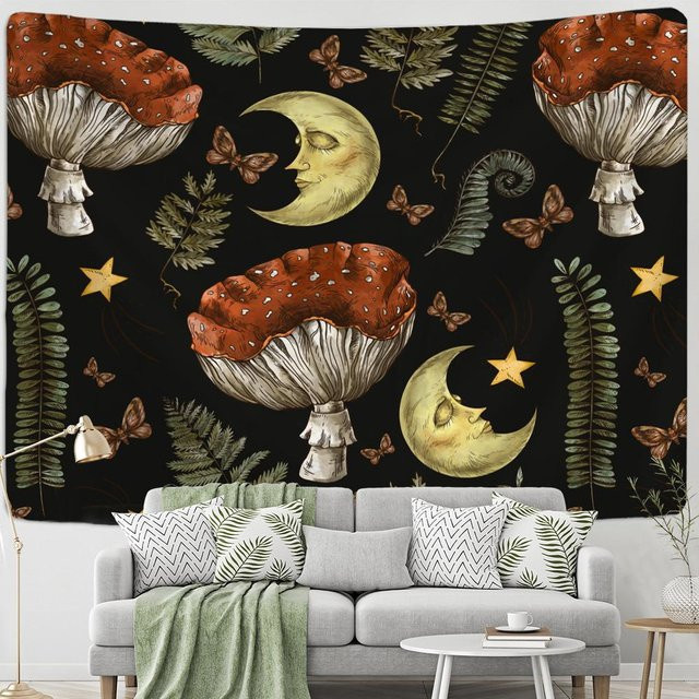 Vintage Psychedelic Wandbehang mit Pilzen und Sonne im Boho-Stil von Binchi Outdoor Equipment, Mehrfarbig, B: 95 cm, H: 70 cm - Bild 1