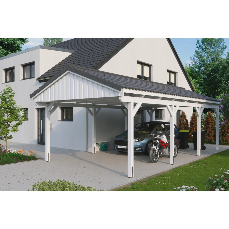 Skan Holz Carport Fichtelberg aus Fichte Leimholz in Weiß mit spitzer Dachform B/T: 423 x 808 cm, Höhe: 326 cm - Bild 2