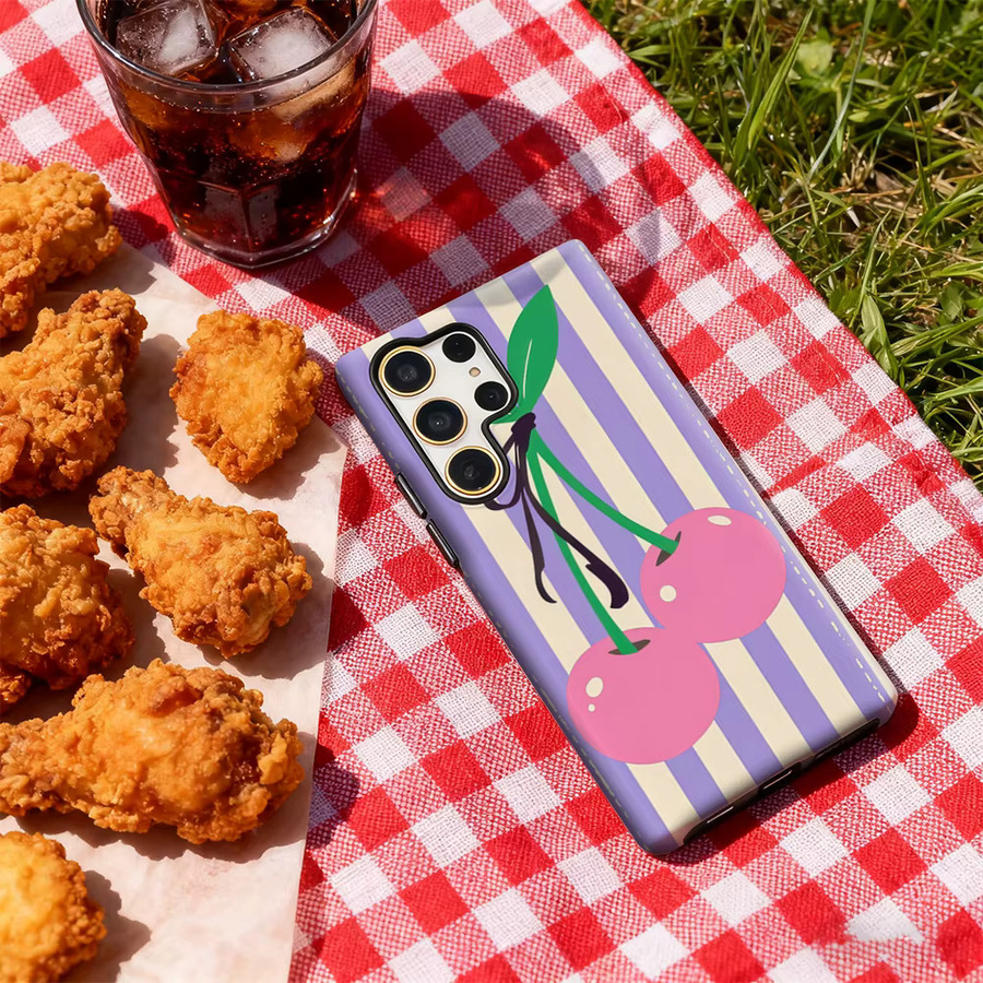 Potdemiel Handyhülle mit rosa Kirschen auf Streifen für Samsung Galaxy S25 Ultra, S24 und S23 Ultra Plus in Pink und Multicolour mit glänzender doppellagiger Rückseite - Bild 4