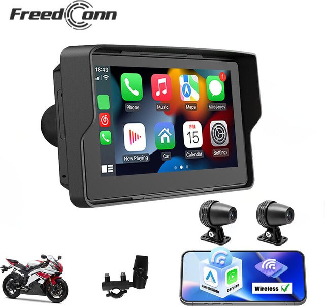 Freedconn C5000 Motorrad Navigation mit 5 Zoll Display, Wireless Android Auto, Apple CarPlay und DVR, Wasserdicht, Schwarz - Bild 1
