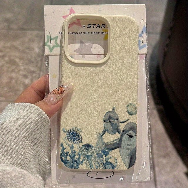 Apple iPhone Handyhülle mit Ozeanmuster und Lychee-Textur in Beige und Multicolour für iPhone 17, 16, 15 Pro Max Plus Serie - Bild 1