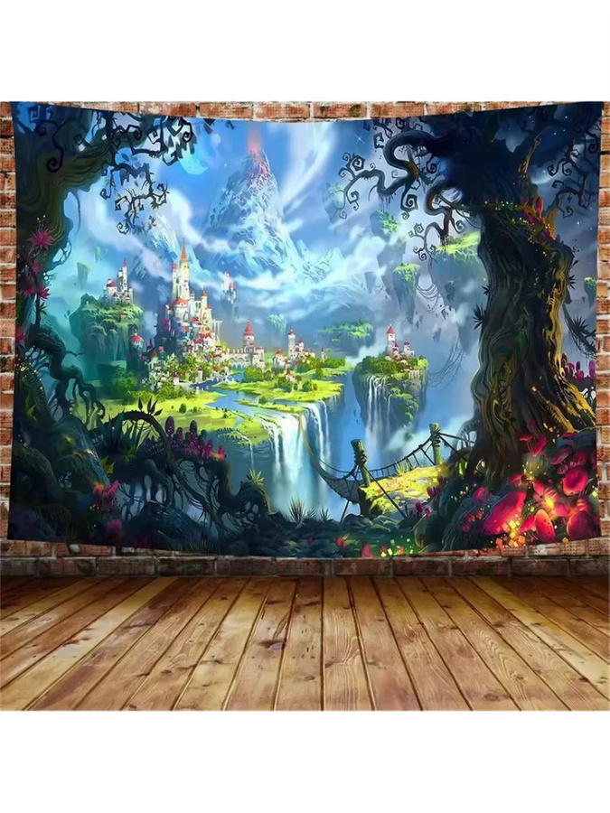 VIKAMA Wandteppich Fantasy-Wunderland-Schloss mit magischem Wald und Wasserfall, Mehrfarbig - Bild 2
