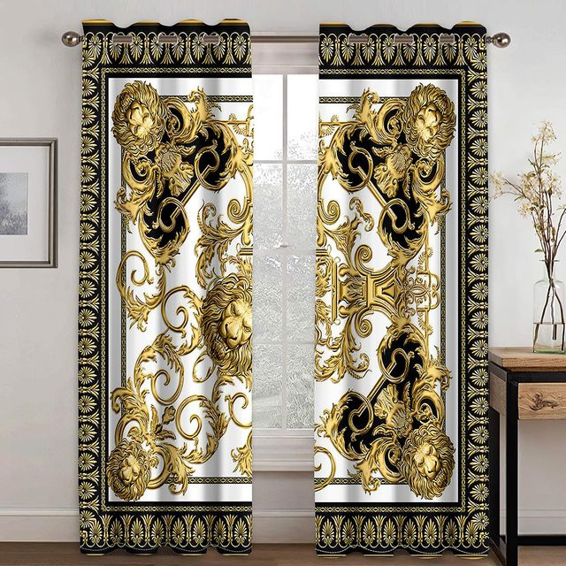 Yiran Furniture Vorhänge mit goldenem Barock-Print aus Polyester, 2 Stück, B: 50 cm, H: 130 cm, inklusive Haken - Bild 1