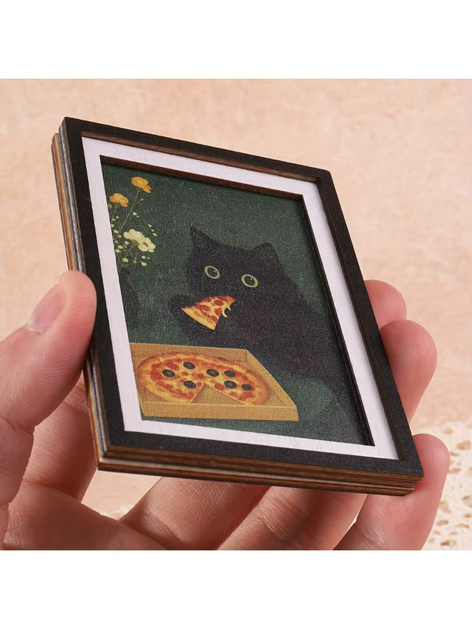 Exquisiter Mini 3-Schicht-Fotorahmen Kühlschrankmagnet mit Schwarzer Katze und Pizza-Muster in Schwarz und Multicolour aus Holz - Bild 5