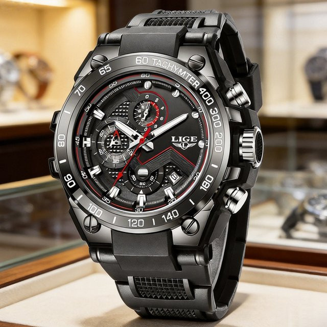 LIGE Armbanduhr Quarz, Datum, Schwarz, Orange, Herren - Bild 1