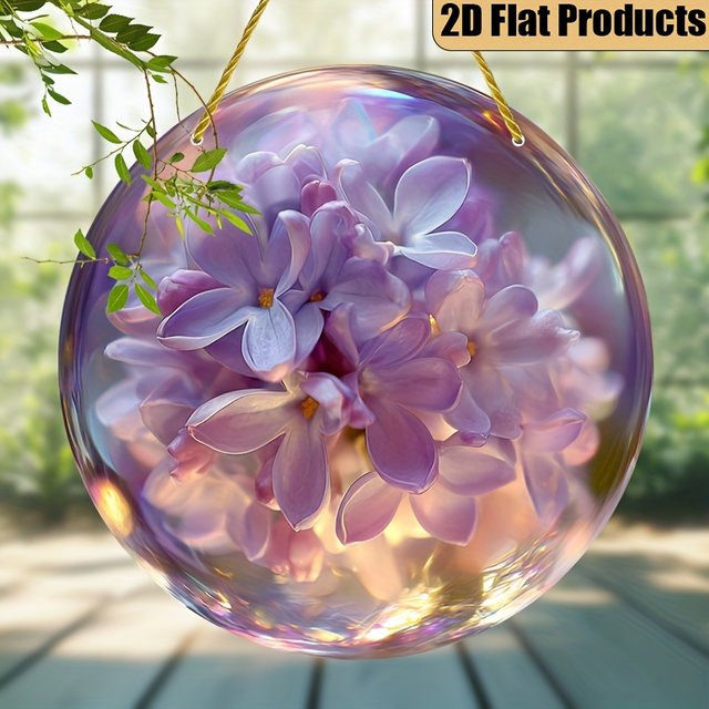 Rundes Acryl-Hängeornament mit lila Fliederblüten als floraler Fenster-Sonnenfänger, Durchmesser: 20 cm - Bild 1