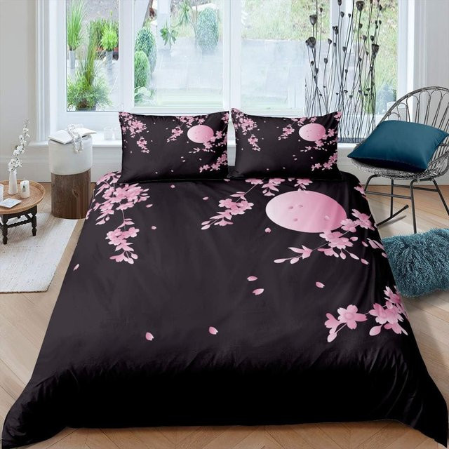 3-teiliges Bettwäsche-Set Kirschblüten in asiatischer Tuschemalerei aus Premium Mikrofaser, Farbe Schwarz, B/H: 200 x 230 cm - Bild 1