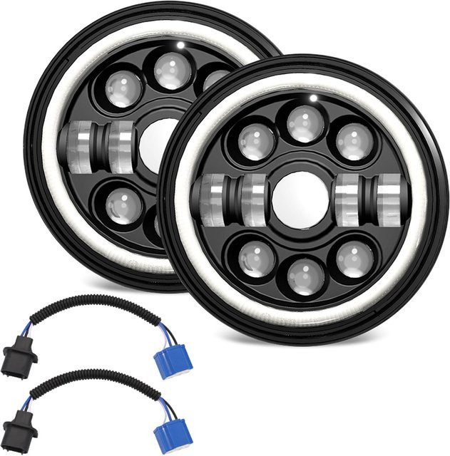 2er-Set Runde LED Scheinwerfer für Auto und Motorrad mit DRL, Blinker, Abblendlicht und Fernlicht, 7 Zoll, Grau und Schwarz - Bild 1