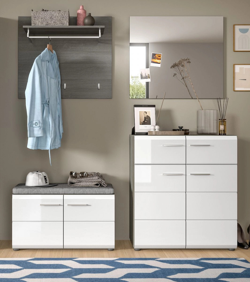 Garderobe Sitzbank Rumba Schuhregal in Weiß Hochglanz und Grau mit Breite: 80 cm - Bild 2