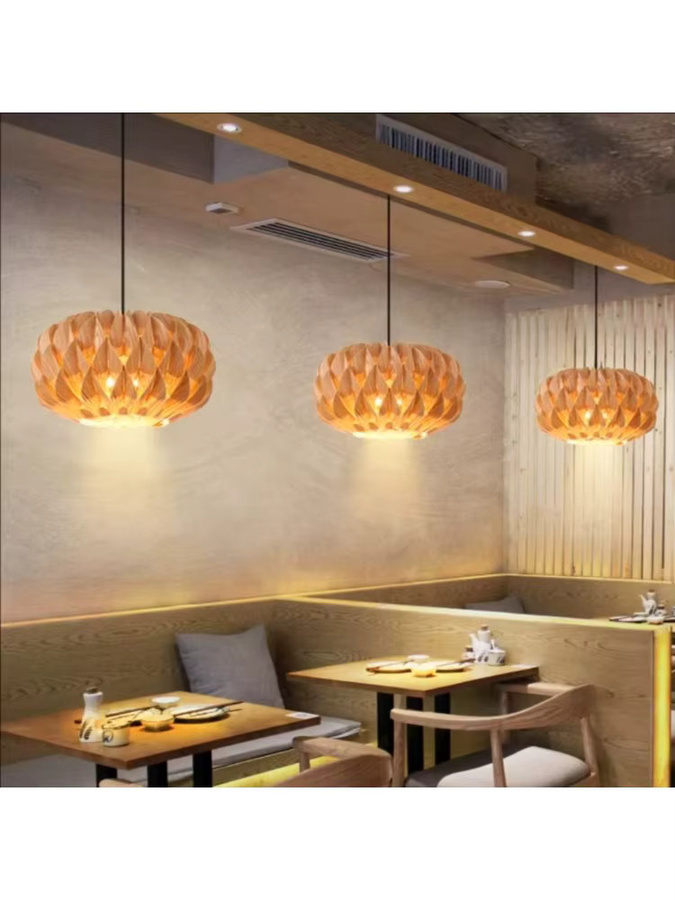 JOYINLED Holz-Pendelleuchte im japanischen Stil, runde Kunstlampe aus Holz und Metall in Braun und Schwarz, Durchmesser: 40 cm - Bild 6