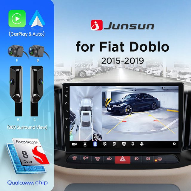 Junsun Autoradio mit 360° Panoramakamera für Fiat Doblo 2015–2019, Android Auto, Wireless CarPlay, GPS, WiFi und RDS in Schwarz - Bild 1