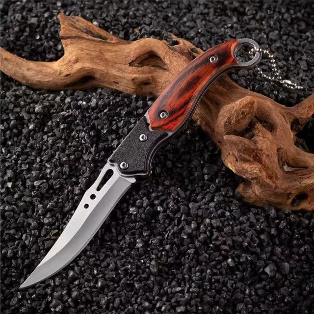 Tragbares Klappmesser mit Holzgriff in Braun als EDC Mehrzweck-Schneidewerkzeug für Outdoor, Camping und Haushalt - Bild 1