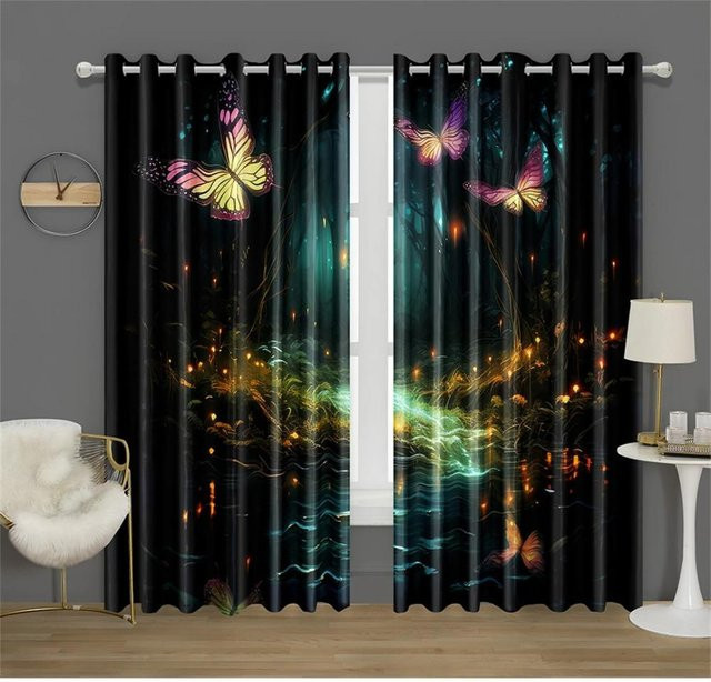 Traumland Wald Schmetterlingsvorhänge mit Pilz-Motiv in Lila, 2er-Set, semi-transparent, B: 50 cm, H: 130 cm - Bild 1