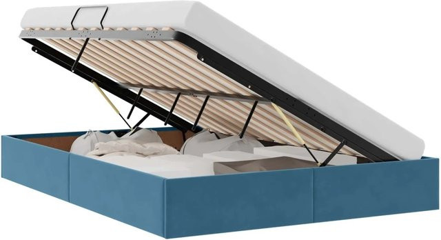 vidaXL Aufbewahrungsbett mit Kopfteil aus Samt und Metall in Dunkelblau, B/T: 140 x 200 cm - Bild 1