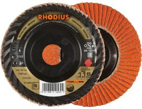 RHODIUS TOPline JUMBO LONGLIFE TRIM Fächerschleifscheibe K60, Farbe: Orange, Durchmesser: 115 mm, Bohrung: 22,23 mm - Bild 1