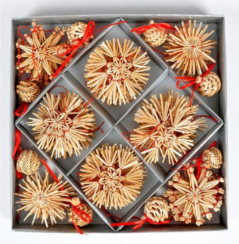 BURI Weihnachtsbaumschmuck Set aus Stroh mit 56 Hängeornamenten in Beige und Mehrfarbig, rustikale Baumdekoration im abstrakten Design - Bild 1