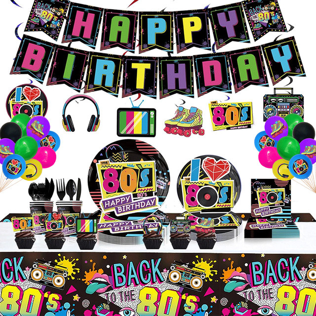 EsenTroye 80er Jahre Party Dekoration Set für Erwachsene in Multicolour mit Tischdecke, Banner, Kuchen Topper und Ballons im Retro Design - Bild 1