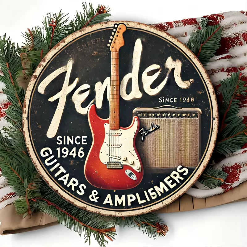 Rundes Vintage Aluminiumschild Potdemiel Fender Guitars And Sound Systems in Multicolour, Durchmesser: 20 cm - Bild 4